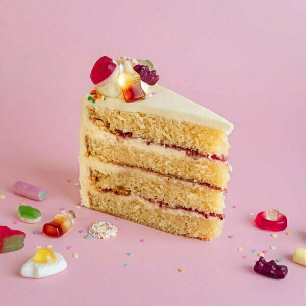 A slice of Victoria sponge cake with sweets on it