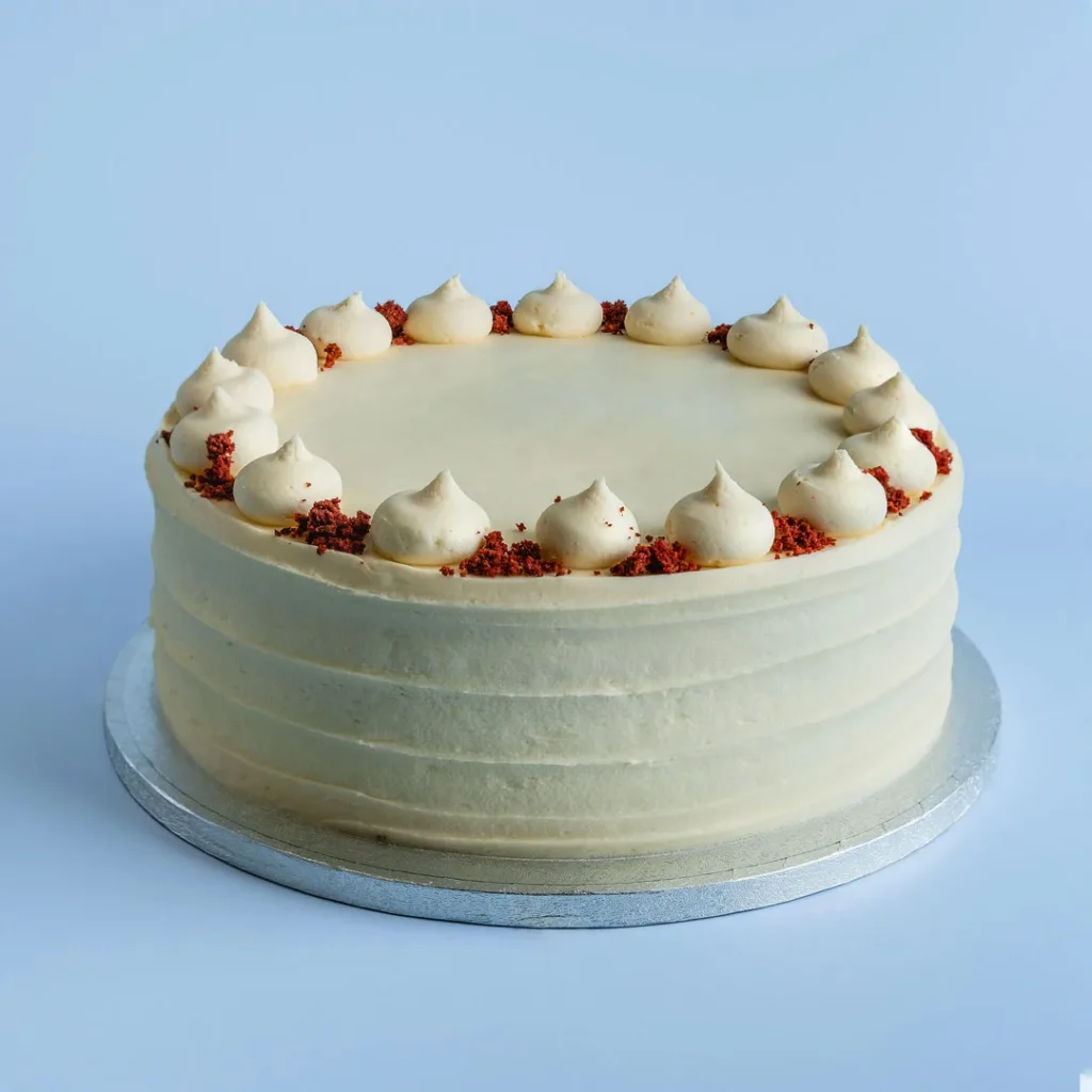 Mimi’s celebration cake with cream icing on a blue background