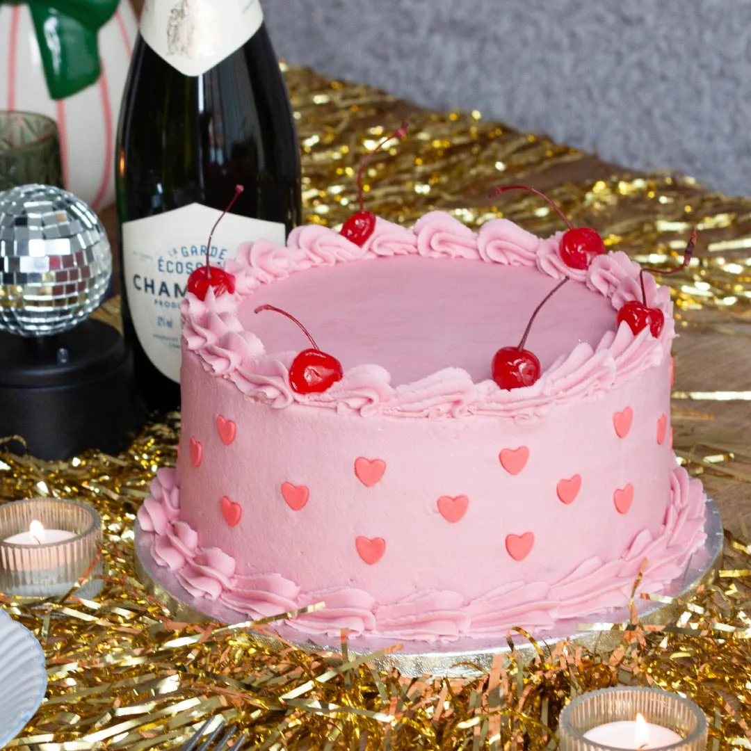 Pink Loveheart Cake with Cherries