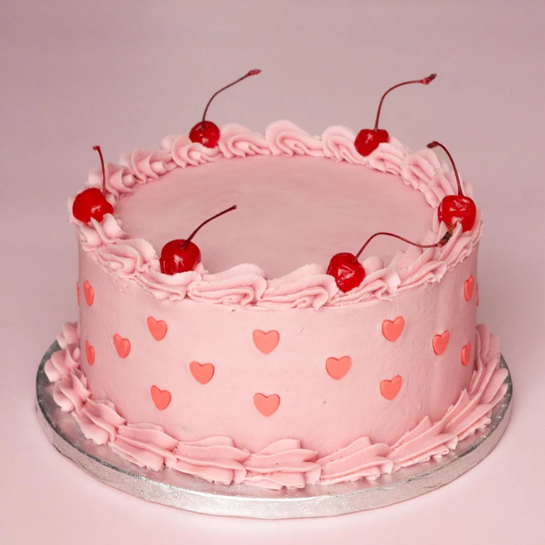Pink Loveheart Cake with Cherries - Mimi's Bakehouse